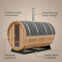 Outdoor Barrel Traditional Steam Cedar Wood Sauna with Wood Burning Stove — Feature Infographic