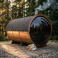 Outdoor Barrel Traditional Steam Cedar Wood Sauna with Wood Burning Stove — Studio Shot