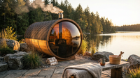 Outdoor Barrel Traditional Steam Cedar Wood Sauna with Wood Burning Stove — Lifestyle